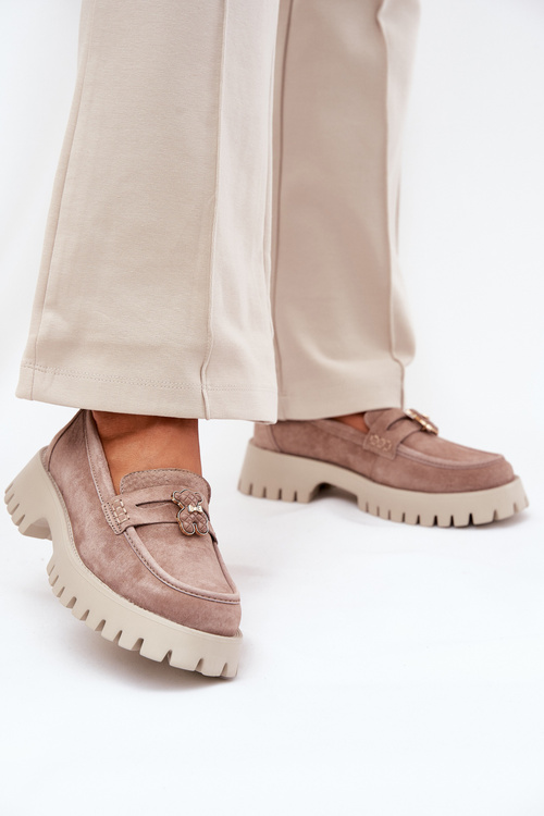 Mokasyny Damskie Zamszowe Przypinka Miś Beżowe Vinceza 79533