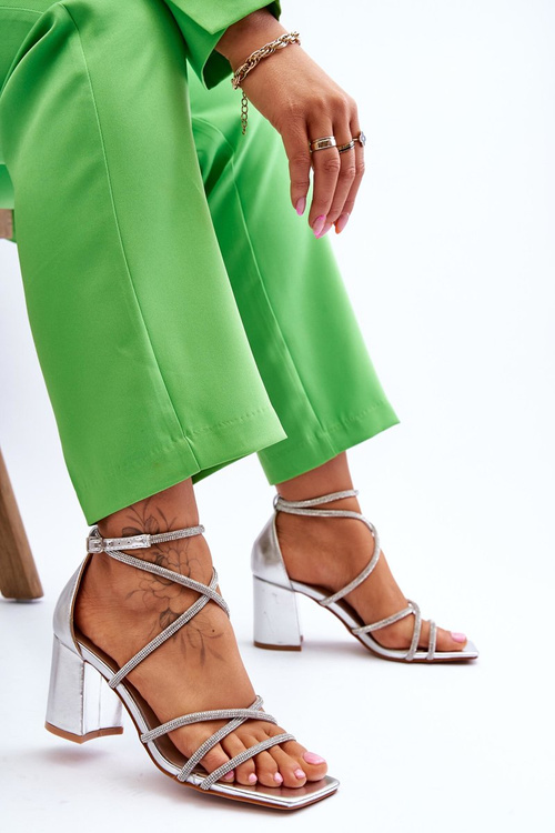 Women's Leather Sandals With Zirconia Heels Silver Liviano