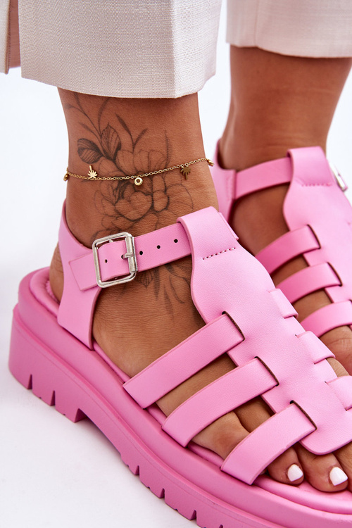 Leather Flat Sandals with Straps Pink Diosa