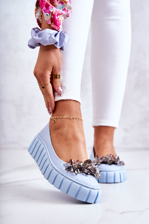 Leather Ballerinas On A Platform With A Ornament Light blue Ladette