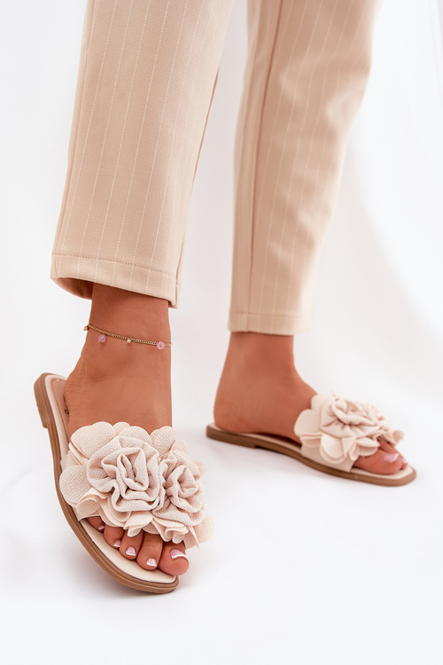 Women's Flat Sandals With Decorative Flowers Beige Misorsse
