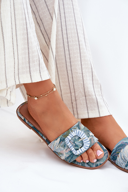 Flat Women's Slippers With Decorative Buckle Blue Clariola