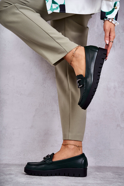 Półbuty Loafery Modne Skóra Zielone Kjersti