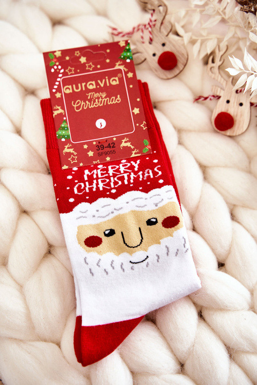 Men's Christmas Cotton Socks With Santa Clauses Red 