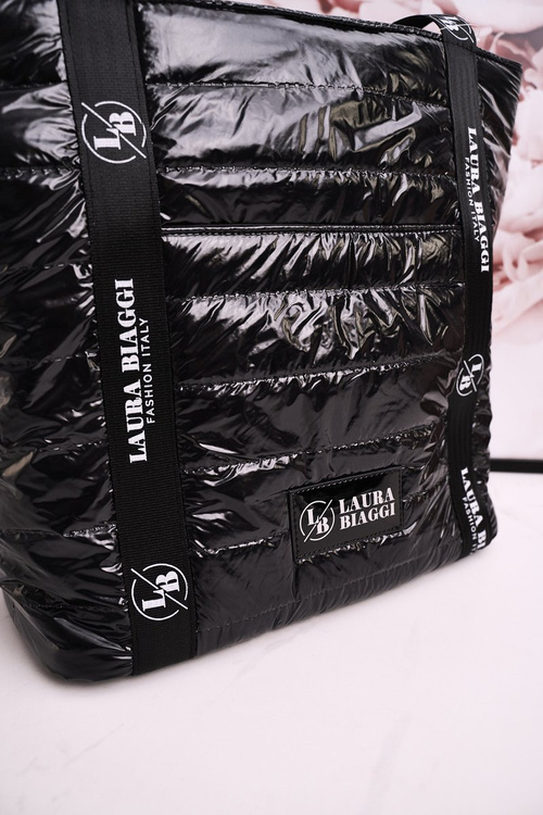 Duża Torba Shopper LAURA BIAGGI Czarna Białe Logo