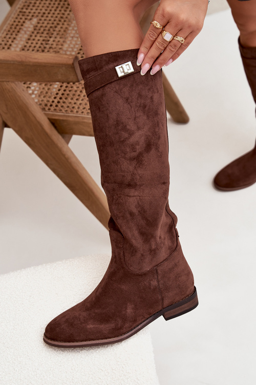 Insulated Women's Flat Heel Boots with Strap and Silver Detail Brown Geraline