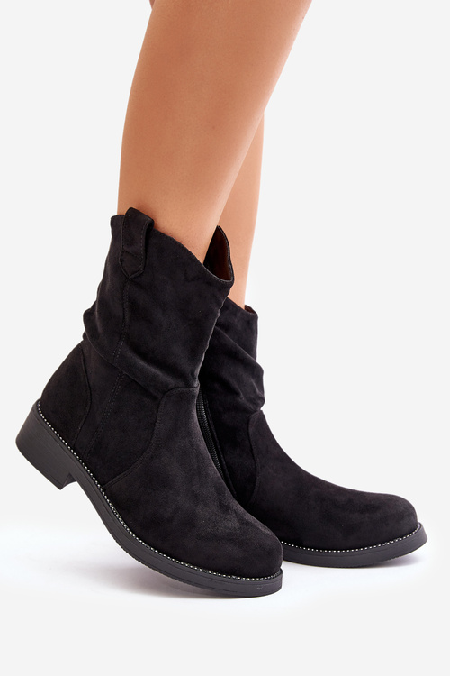 Warm Women's Ankle Boots With Wrinkling And Decoration Black Etteara