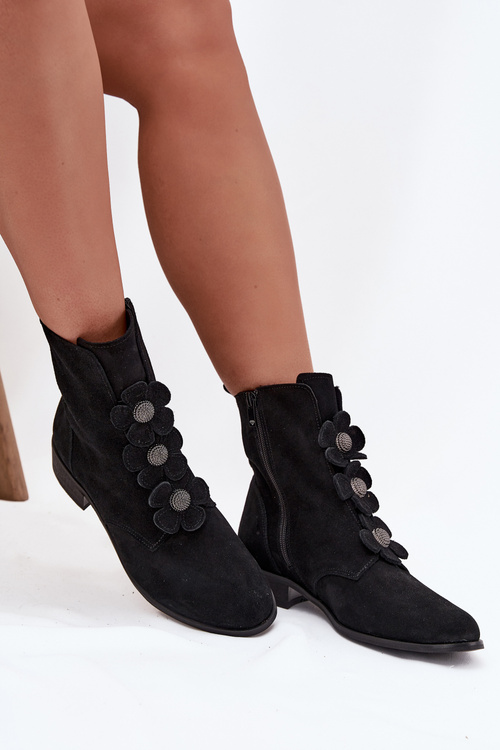 Suede women's ankle boots Zazoo 3085 black with decorative flowers