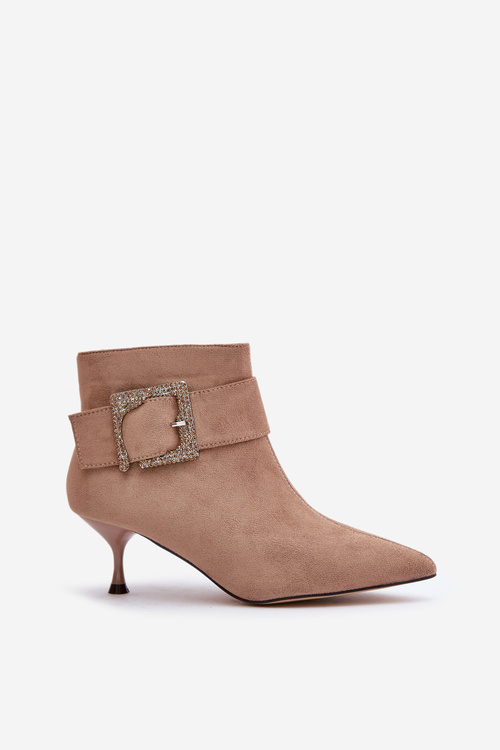 Damskie Botki Na Szpilce Ozdoba Klamra Noski W Szpic Beżowe Nirilis