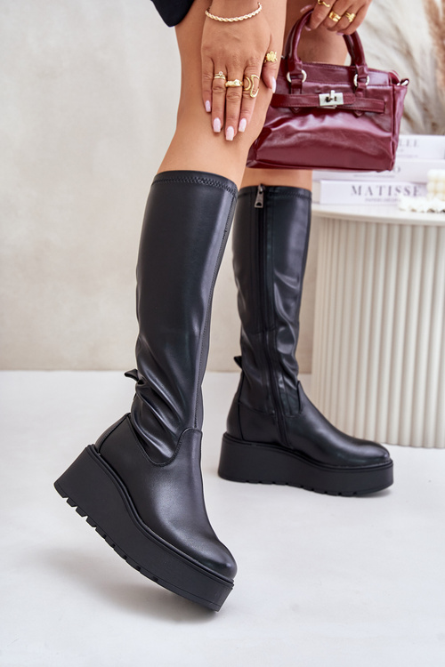 Damskie Kozaki Na Platformie I Koturnie Przed Kolano Czarne Vinceza 58342