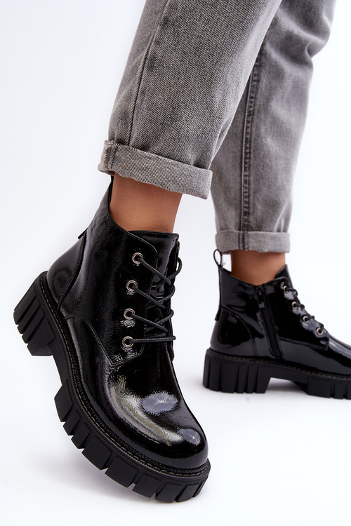 Botki Lakierowane Ocieplane Sznurowane Czarne Bjorg