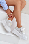 Damskie Sneakersy Skóra Naturalna Platforma Srebrne  CheBello 4658