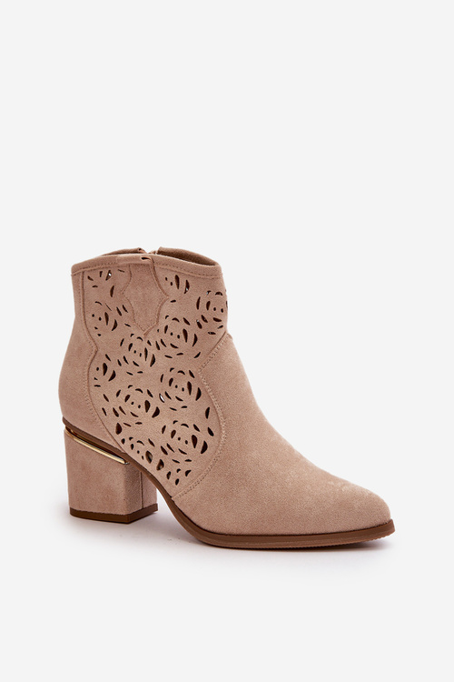 Beige Vosilara Cowboy Style Ankle Boots with Zip Fastening and Stacked Heel