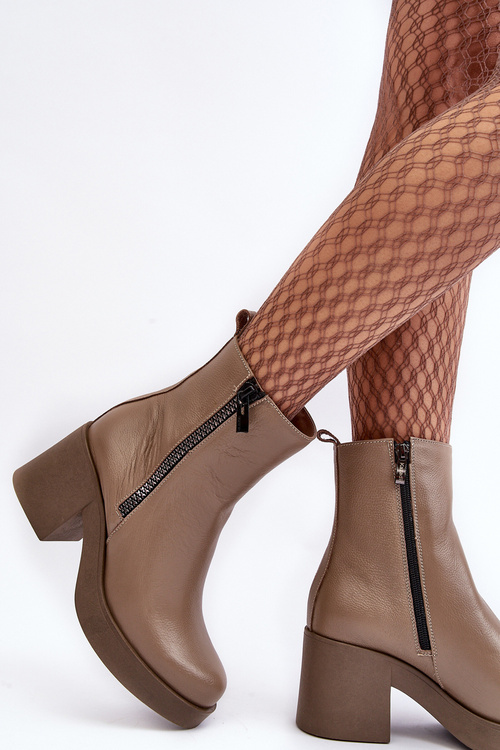 Botki Masywny Obcas Skóra Suwaki Ciemnobeżowe Lemar Littosa 60432