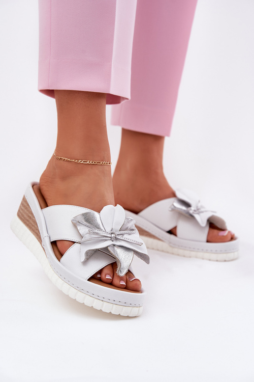 Leather Women's Slippers On Wedge With Decorative Flower Artiker White-Silver 54C0538