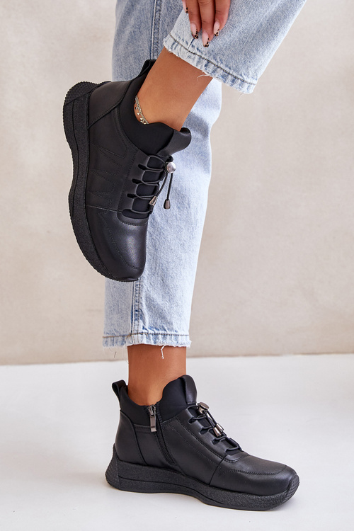 Warm Sports Leather Shoes With Zipper Black Artiker 55C0041