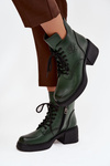 Women's Leather Block Heeled Boots with Lining Vinceza 39950 Dark Green