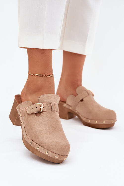 Damskie Chodaki Klapki Na Obcasie Eko Zamsz Pasek Z Klamrą Beżowe Veldexina