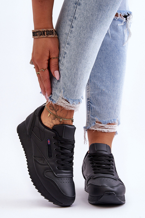 Leather Lace Up Platform Sports Shoes Black Merida