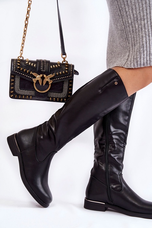 Women's Leather Flat Boots Black Asturio