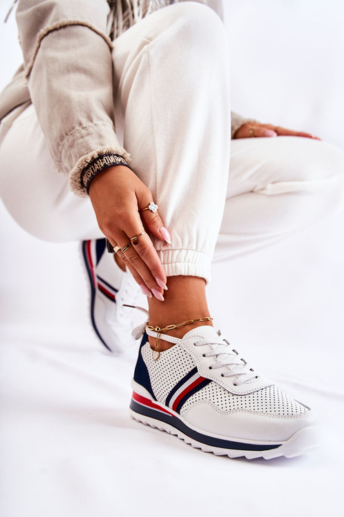 Women's leather sport shoes white and navy blue Jane