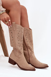 Cowboy Boots With Perforated Pattern On Low Heel Beige Selirae