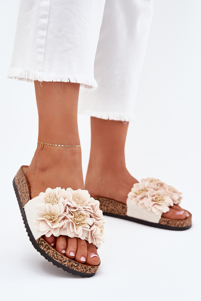 Women's Cork Sole Slippers With Flowers Beige Ferenza