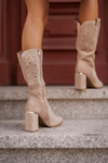 Lace-up Women's Ankle Boots with Pointed Toes in Dark Beige Faux Suede Nevithra