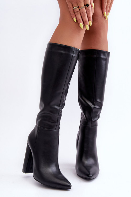 Elegant Leather Heeled Boots Black Eudonice