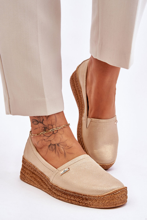 Espadryle Damskie Skóra Koturn Beżowo-Złote Lemar Hadlee