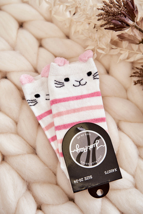 children's striped socks with a teddy bear Beige White and pink