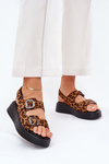 Ladies Platform And Wedge Sandals With Buckles Leopard Brown Genorre