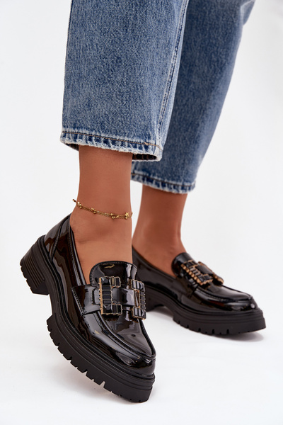 Damskie Lakierowane Eko Skórzane Mokasyny Z Ozdobą Czarne Ysandra