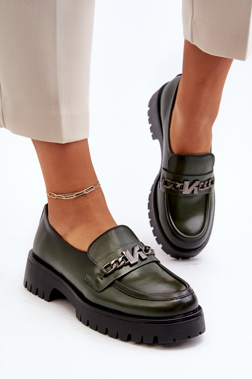 Women's Leather Moccasins with Decoration Dark Green Loraleima