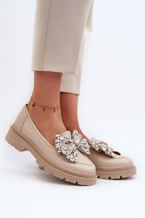 Women's Leather Moccasins With Bow Laura Messi 2787 Beige