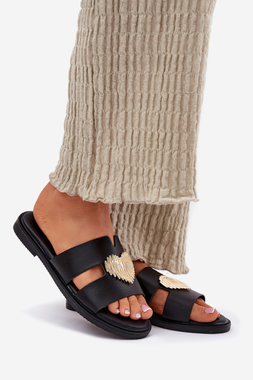 Damskie Klapki Płaski Obcas Złota Ozdoba Eko Skóra Czarne Karinma