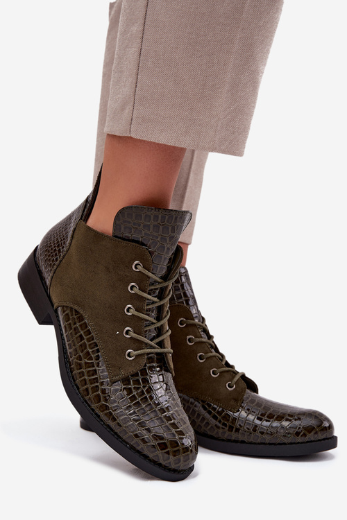 Patent Leather Women's Ankle Boots With Decorative Embossing Lined Vinceza 16477 Dark Green