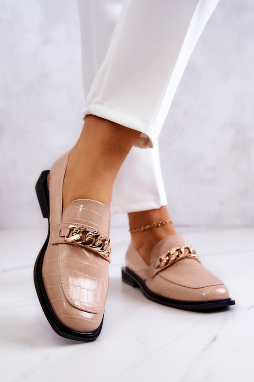 Mokasyny Loafery Skórzane Z Łańcuchem Beżowe Killen