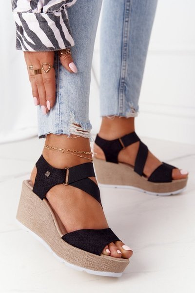 Leather Wedge Sandals With Drawstring Big Star FF276016 Black