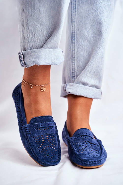 Women's Suede Openwork Moccasins S.Barski Navy Blue