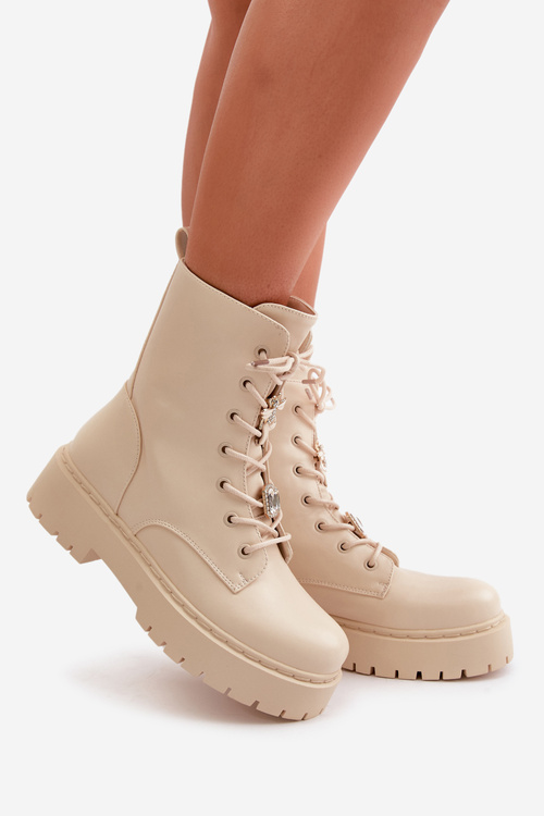 Warm Ankle Boots Workers Women With Accents Beige Avorira