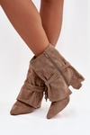 Women's ankle boots with heel with fringes and gold buckles beige Evelisse