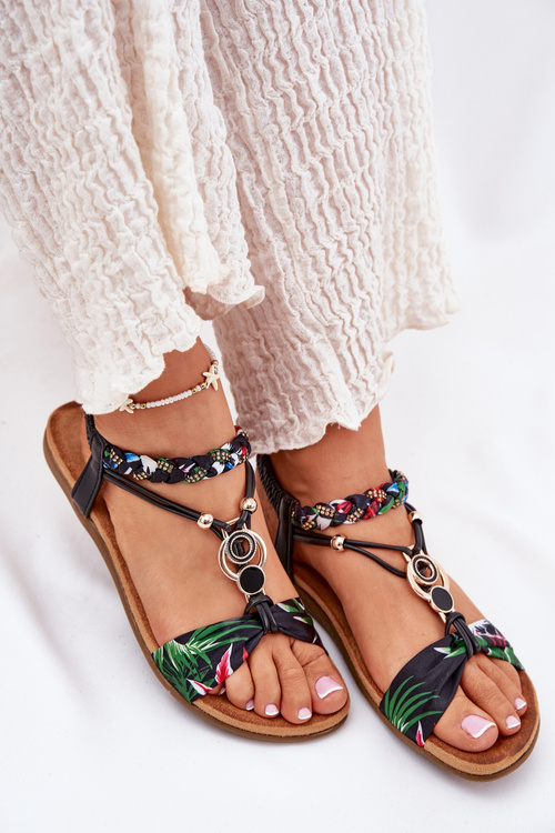 Flat Women's Sandals With Woven Strap And Decoration Black Artiker 56C1318