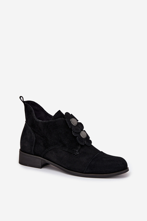 Suede Women's Loafers with Decorative Flowers Zazoo 3080 Black