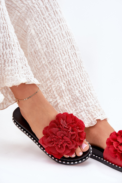 Women'S Slippers With Fabric Flowers Red Elachase