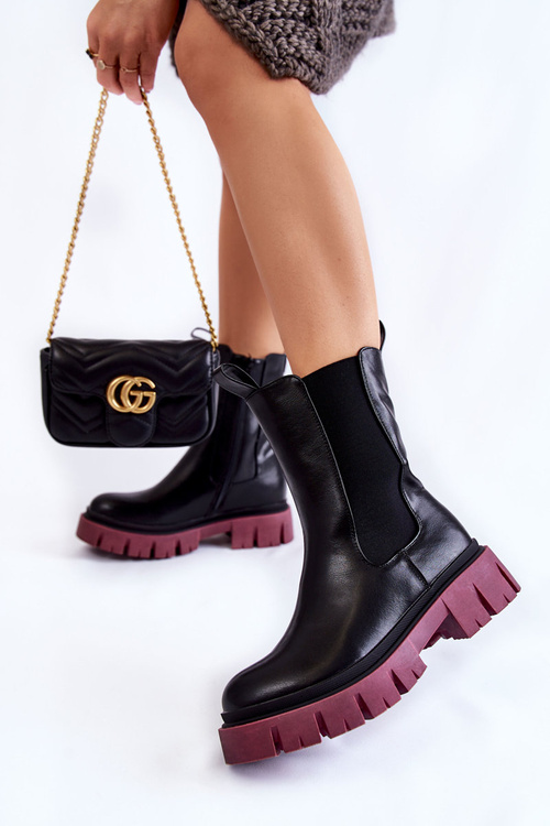 Women's Worker Boots On The Platform Black and burgundy Aliana