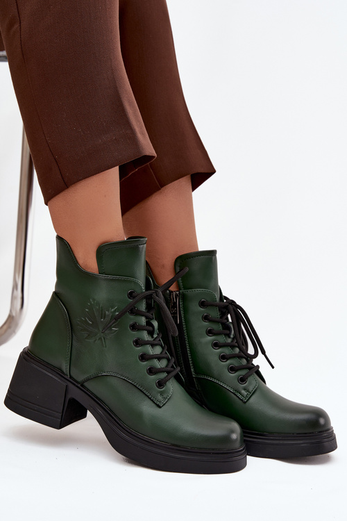 Women's Leather Block Heeled Boots with Lining Vinceza 39950 Dark Green