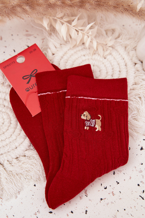 Women's Christmas Socks Hearts and Puppy Red