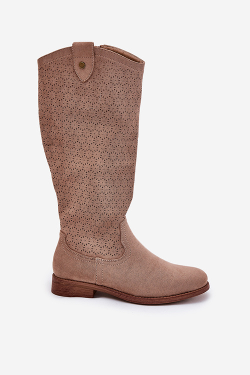 Flat Heeled Boots With Perforated Pattern Beige S.Barski HY51-062
