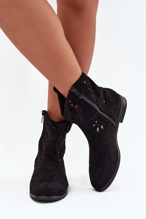 Damskie Eko Zamszowe Botki Na Płaskim Obcasie Ażurowe Czarne Athera